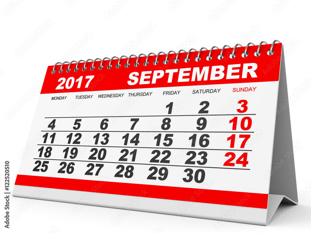 Calendar September 2017 on white background.