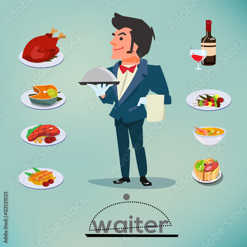 waiter character design with food and drink set - vector