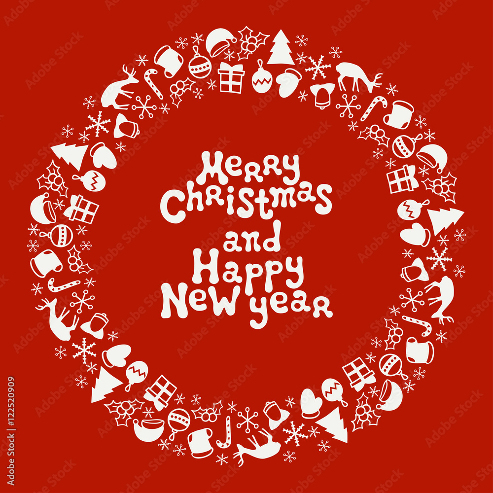 Merry Christmas and Happy New Year lettering greeting card 2017. Christmas season hand drawn pattern. Vector illustration. Doodle style. Decorations. Winter holiday backgrounds for design. Frame Merry Christmas and Happy New Year lettering greeting card 2017. Christmas season hand drawn pattern. Vector illustration. Doodle style. Decorations. Winter holiday backgrounds for design. Frame