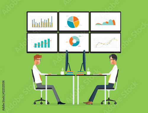 flat vector two business people analytics graph report on monitor dashboard and business working concept