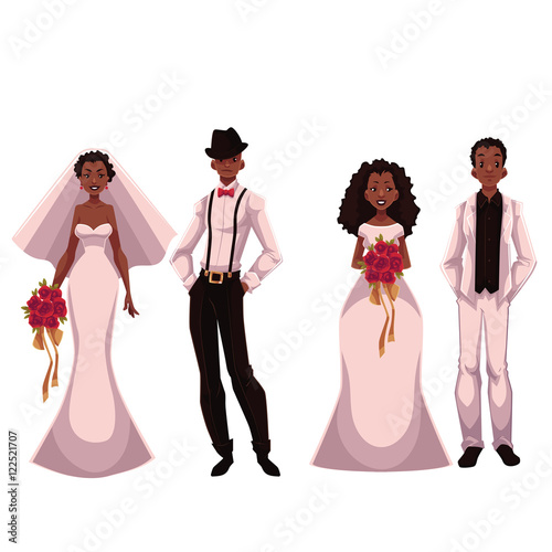 African American just married couple, set of brides and grooms, cartoon vector illustration isolated on white background. Two African brides and two grooms in fashionable clothing getting married