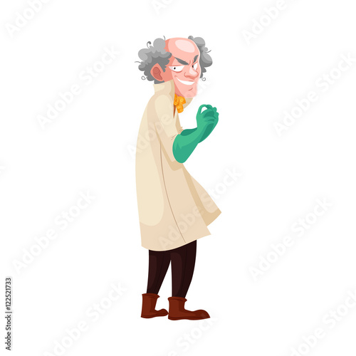 Mad professor with grey bushy hair in lab coat and green rubber gloves, cartoon vector illustration isolated on white background. Crazy laughing white-haired scientist, stereotype of scientist