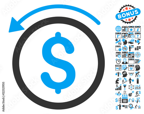 Refund pictograph with bonus calendar and time management images. Vector illustration style is flat iconic bicolor symbols, blue and gray colors, white background.