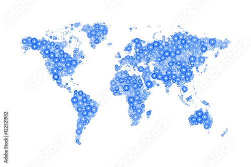 World Map made up from modern blue circles different sizes with bright glowing on white