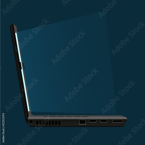 Open laptop vector illustration with bright screen on blue background. Laptop side view.