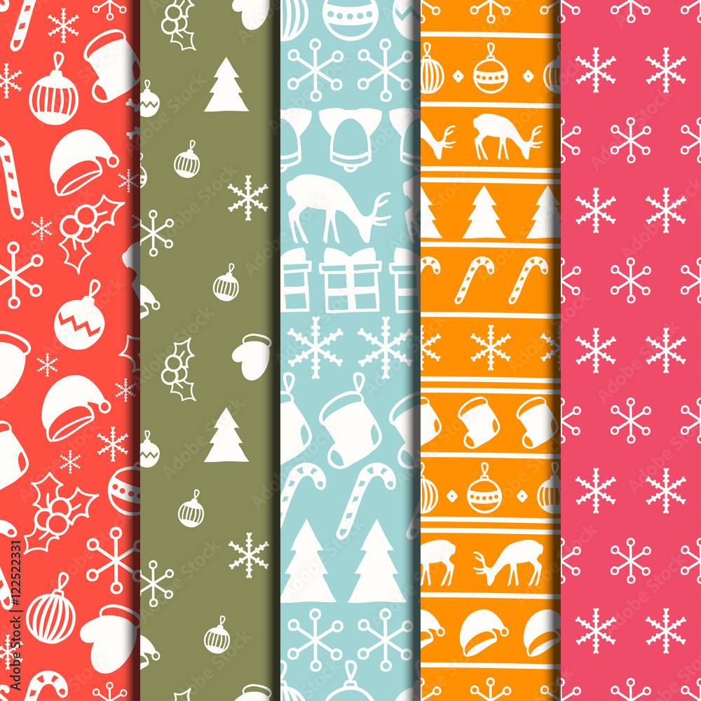 Merry Christmas and Happy New Year 2017 set. Christmas season hand drawn seamless pattern. Vector illustration. Doodle style. Decorations. Winter holiday backgrounds for design. Deer, Santa Merry Christmas and Happy New Year 2017 set. Christmas season hand drawn seamless pattern. Vector illustration. Doodle style. Decorations. Winter holiday backgrounds for design. Deer, Santa