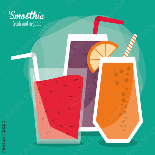 Smoothie drink and orange fruit. Summer fresh and organic theme. Colorful design. Vector illustration