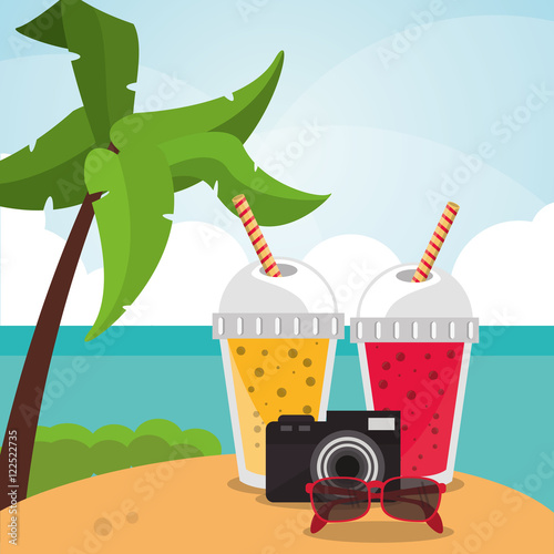 Smoothie drink camera glasses and island with palm tree icon. Summer fresh and organic theme. Colorful design. Vector illustration