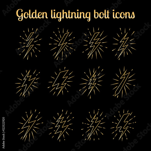 Golden lightning bolt thin line icons set on the black background. Vector illustration