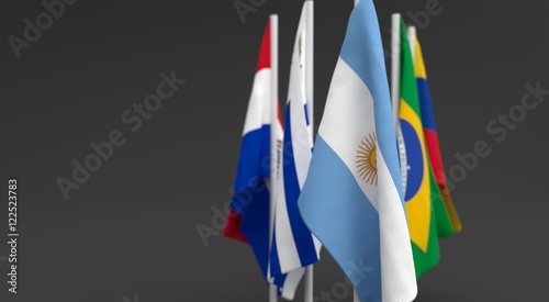 illustration 3d render, Flags of the five countries of the Mercosul economic bloc