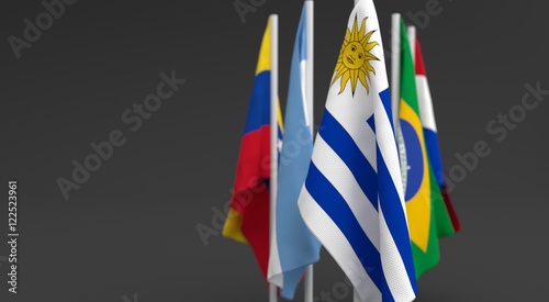 illustration 3d render, Flags of the five countries of the Mercosul economic bloc