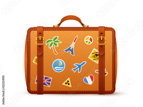 Orange leather vector suitcase with travelers stickers