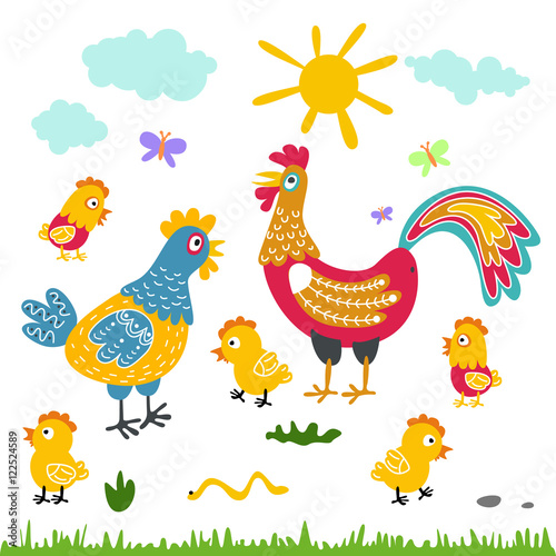 farm birds family cartoon flat illustration. rooster hen chicken isolated on white background