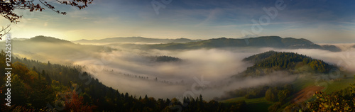 Panoramic landscape of sunrise fog in Pieniny mountain © aboutfoto