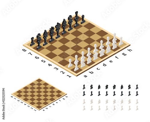 Slika na platnu Classical chessboard with chess figures in isometric view on white