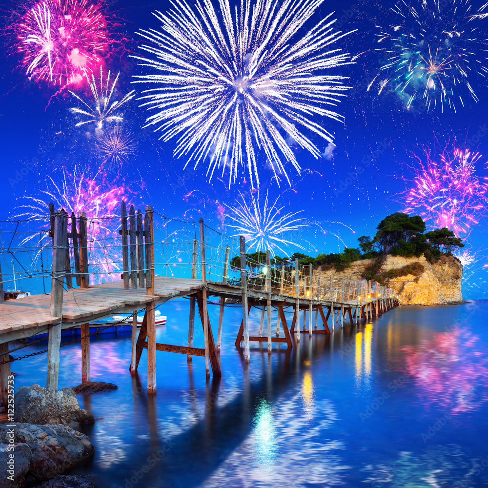 New Years firework display at Zakynthos island, Greece