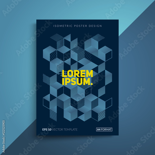 Brochure cover design. Blue isometric illustration. A4 format template for business card,poster,flyer etc.