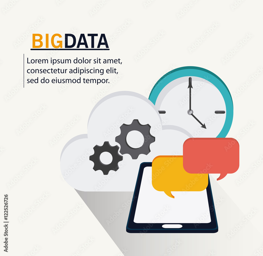 Smartphone bubble gears cloud and clock icon. Big data center base and web hosting theme. Colorful design. Vector illustration
