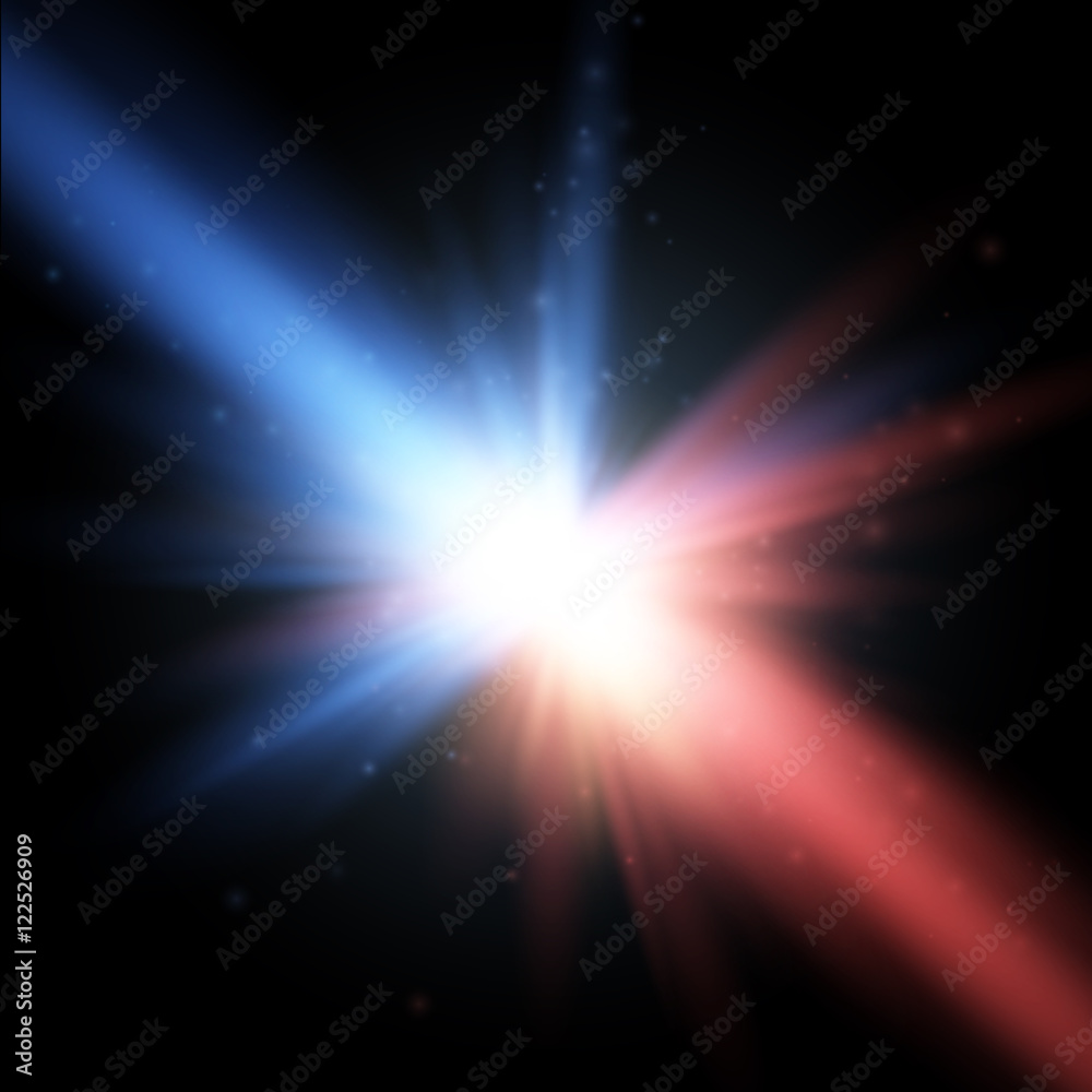 Naklejka premium Collision of two forces with red and blue light. Vector. Explosion concept.