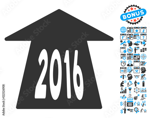2016 Future Road pictograph with bonus calendar and time management pictogram. Vector illustration style is flat iconic bicolor symbols, blue and gray colors, white background.
