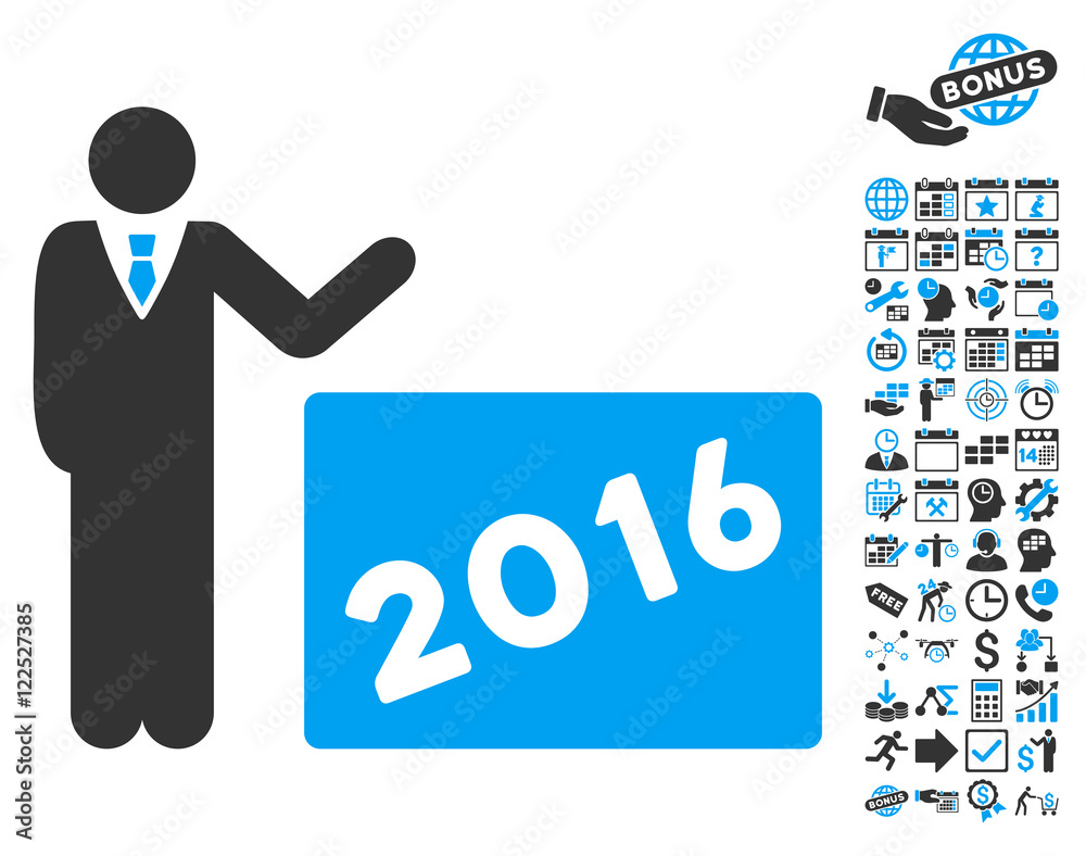 2016 Show pictograph with bonus calendar and time management symbols ...