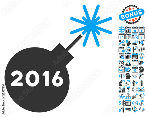 2016 Petard pictograph with bonus calendar and time management pictures. Vector illustration style is flat iconic bicolor symbols, blue and gray colors, white background.