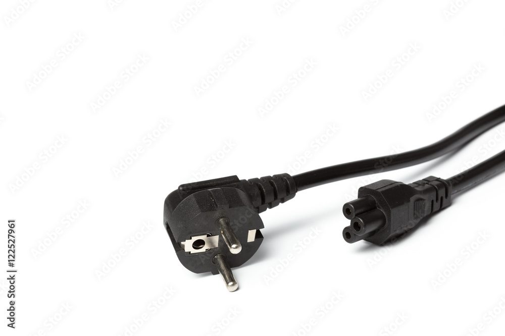 Black power cable with plug and socket isolated on white Black power cable with plug and socket isolated on white