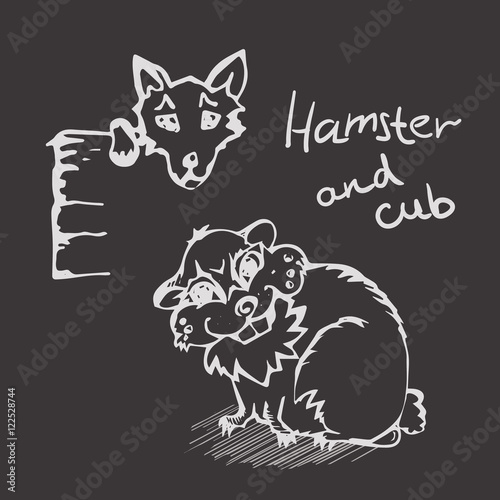 white Linear hand drawn Hamster And Cub on black