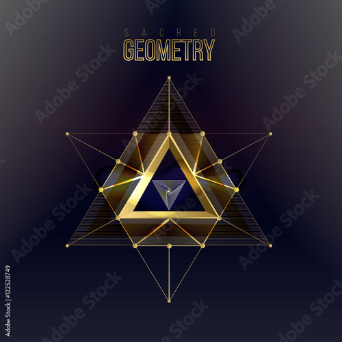 Sacred geometry forms on space background, shapes of lines, logo, sign and symbol. Geometric patterns. Geometry symbolic triangle. Vector isolate gold shapes on dark color.