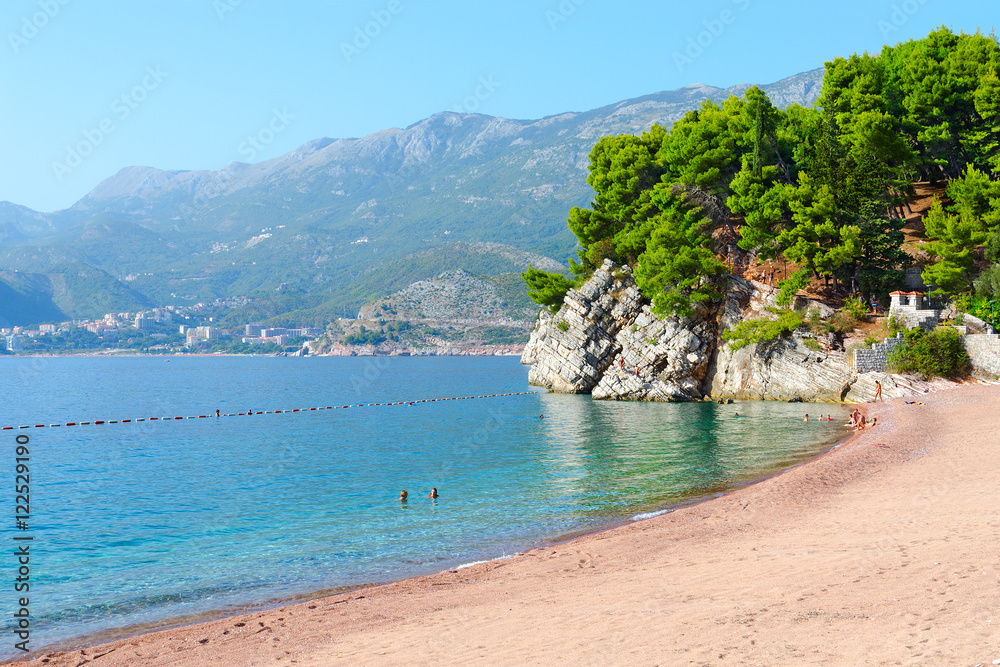 Beach on Budva coast near island of Sveti Stefan, Montenegro