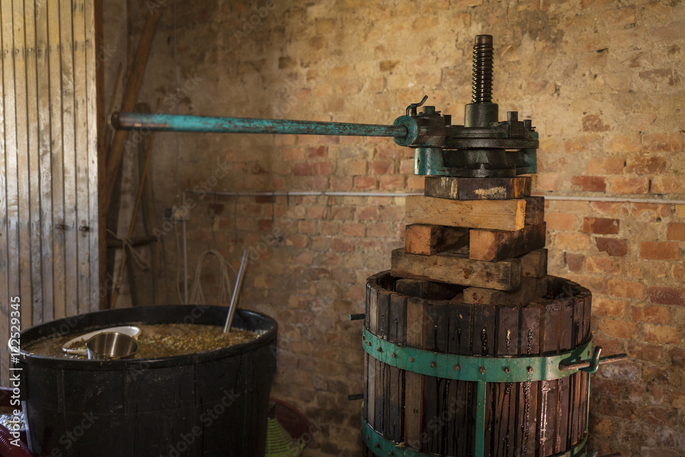 Fototapeta premium Grape harvest: old Wine press in a winery