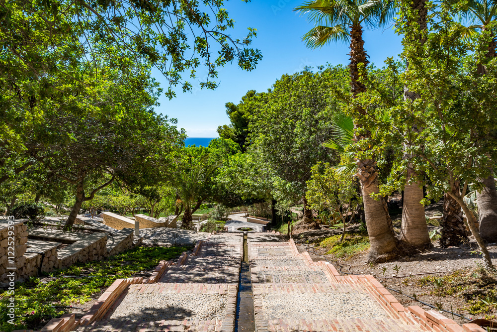 View of the beautiful gardens in the Almeria (Almería) castle (Alcazaba of Almeria), Spain