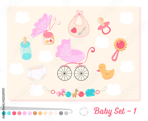Vector set of baby toys and objects in flat design style