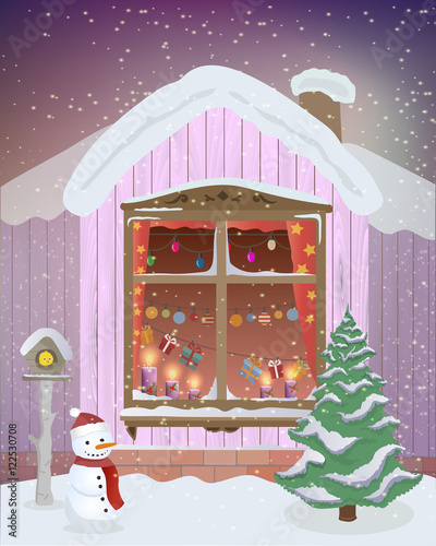 Vector winter night scene of window with Christmas candles, lights and gifts