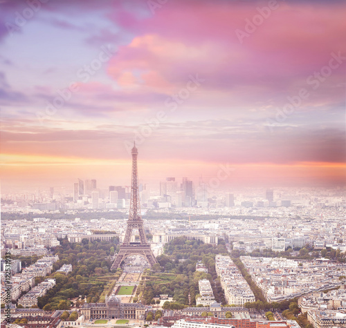 Sunset Eiffel tower and Paris city view form Montparnasse. Sunset romantic background. Eiffel Tower from Champ de Mars  Paris  France.