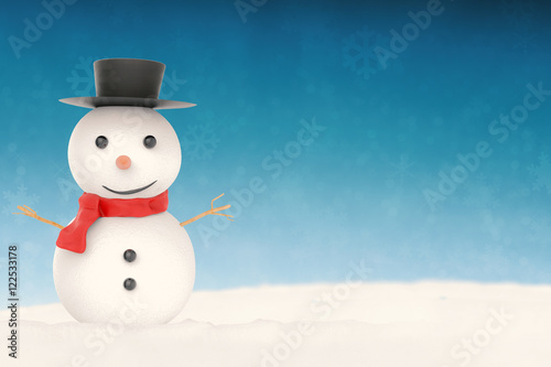 smiling snowman on snow and blue background