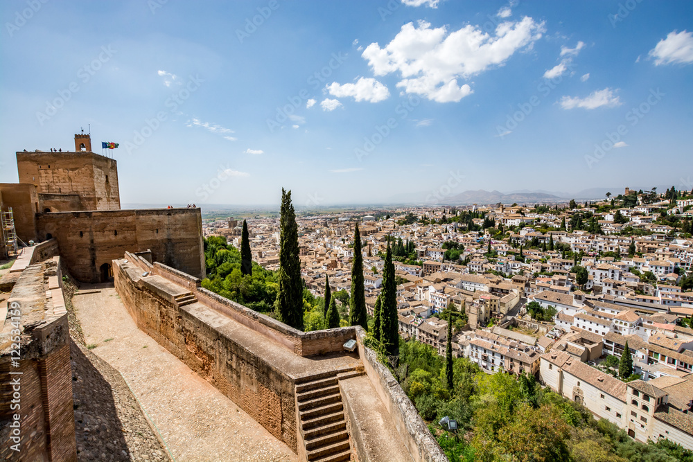 Panoramic view of Alcazaba of Alhambra and Albaycin (Albaicin, Albayzín, Albaicín), an old Muslim district of Granada, Spain