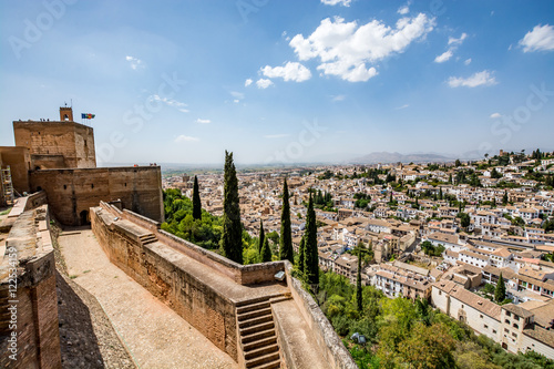 Panoramic view of Alcazaba of Alhambra and Albaycin (Albaicin, Albayzín, Albaicín), an old Muslim district of Granada, Spain