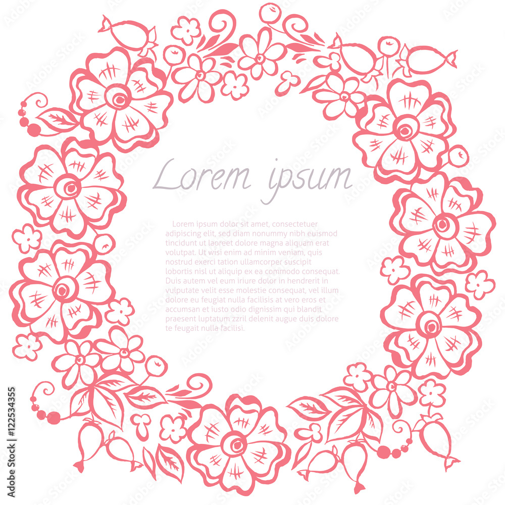 Leaf and Flowers round frame. Vector illustration of natural wreath