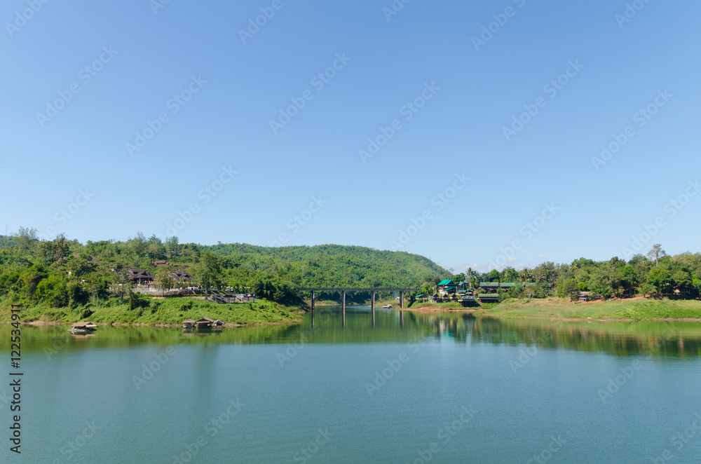 Lake with bridge in Kanchanaburi, Thailand ,landscape