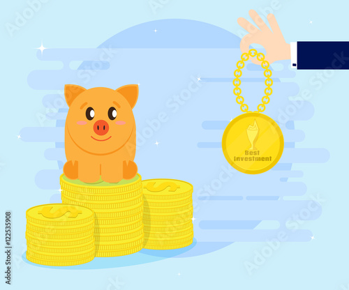 Pig piggybank awarded the medal as the best investment. Summing up, making a profit. Flat style, cartoon