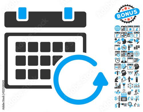 Update Calendar pictograph with bonus calendar and time management graphic icons. Vector illustration style is flat iconic bicolor symbols, blue and gray colors, white background.
