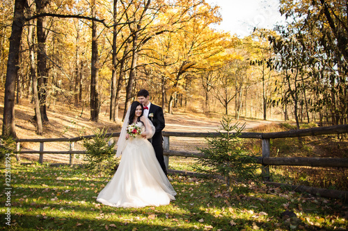 Autumn wedding. Young bride and groom on yellow trees background