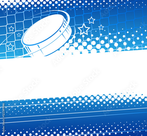 Hockey abstract background. Hockey puck flies into the net gate