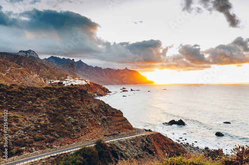 Beautiful landscape view on the ocean and rocky coastline on the sunset near Taganana village in northeastern part of Tenerife island, Spain