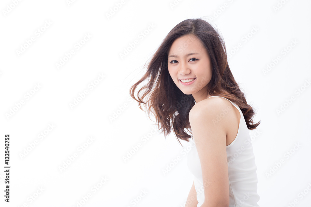 Cute Asian teenage girl with perfect skin Portrait showing empty copy space on the upper pointing hands for text on white background. Cute Asian teenage girl with perfect skin Portrait showing empty copy space on the upper pointing hands for text on white background.