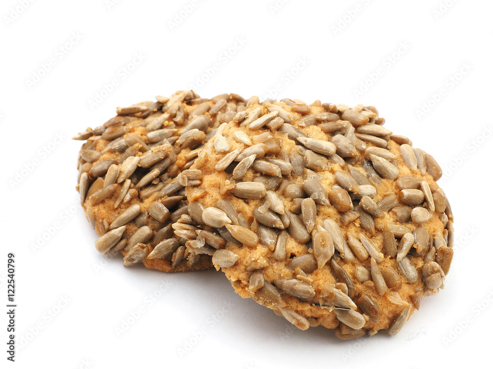 Tasty cookies with sesame and sunflower seeds isolated on white background Tasty cookies with sesame and sunflower seeds isolated on white background