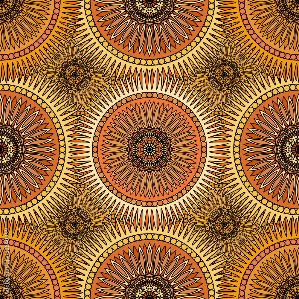 Obraz premium Seamless golden pattern with oriental mandalas. Islam, Arabic, Asian motifs. Kaleidoscope print. Vintage lace mood. Fabric, wallpaper or wrapping