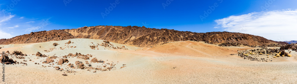Arid igneous landscape with sparse greenery, Teide National park, Tenerife, Spain