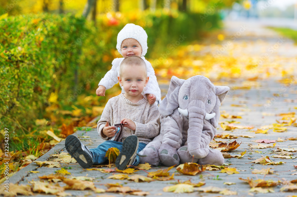 Baby brother and sister having fun in fall park. Baby brother and sister having fun in fall park.